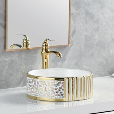 Hot Sale Golden Wash Basin Ceramic Round Art Basin Vanity Easy Clean Sink for Bathroom