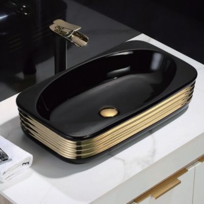 Custom Design Counter top Matte Black Ceramic Bathroom Sink Modern Black and Gold Color Art Wash Basin