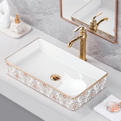 Above Counter Mounted Luxury Electroplate WC Sanitary Ware Oval Porcelain Handmade Wash Basin Bathroom Ceramic Table Top Sink
