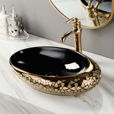Oval Shape Electroplate Luxury Art Basin Ceramic Lavabo Hand Wash Basin Counter top Bathroom Vessel Sink